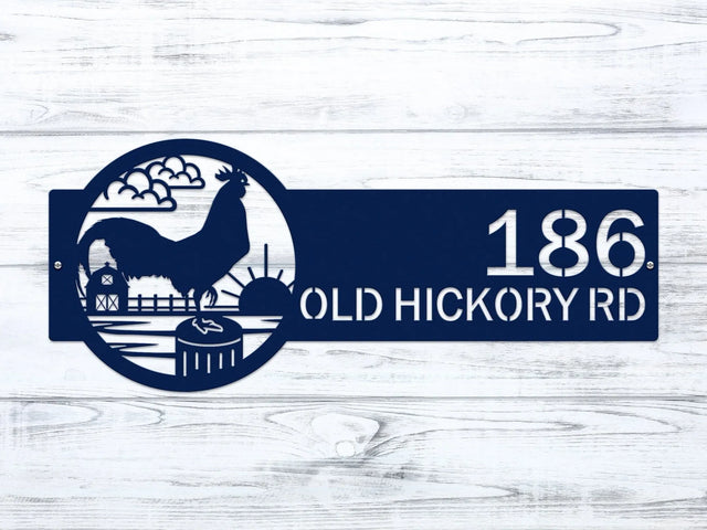 Navy Blue Rooster Farm Address Sign with rooster, clouds, barn, and sun on right, and house number '186 Old Hickory Rd' on left.