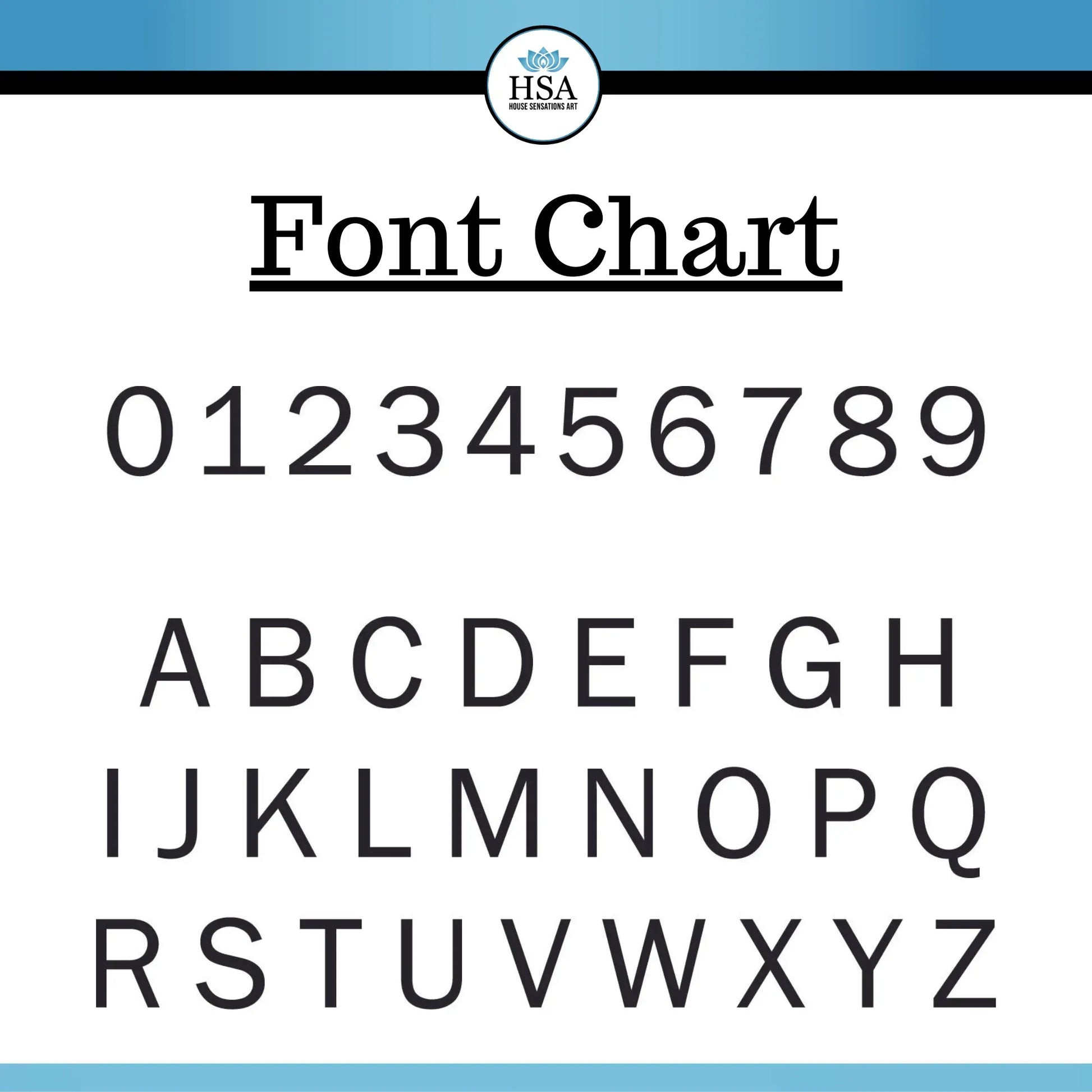 Font chart showing numbers 0–9 and letters A–Z for previewing custom text.