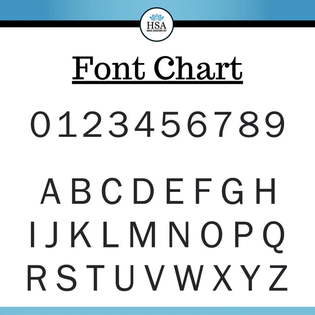 Font chart showing numbers 0–9 and letters A–Z for previewing custom text.