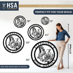Woman standing beside circular custom metal wall art pieces showing size options with House Sensations Art HSA branding