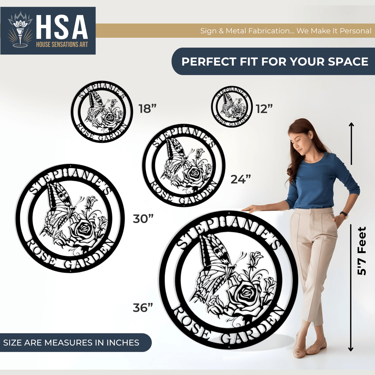 Woman standing beside circular custom metal wall art pieces showing size options with House Sensations Art HSA branding