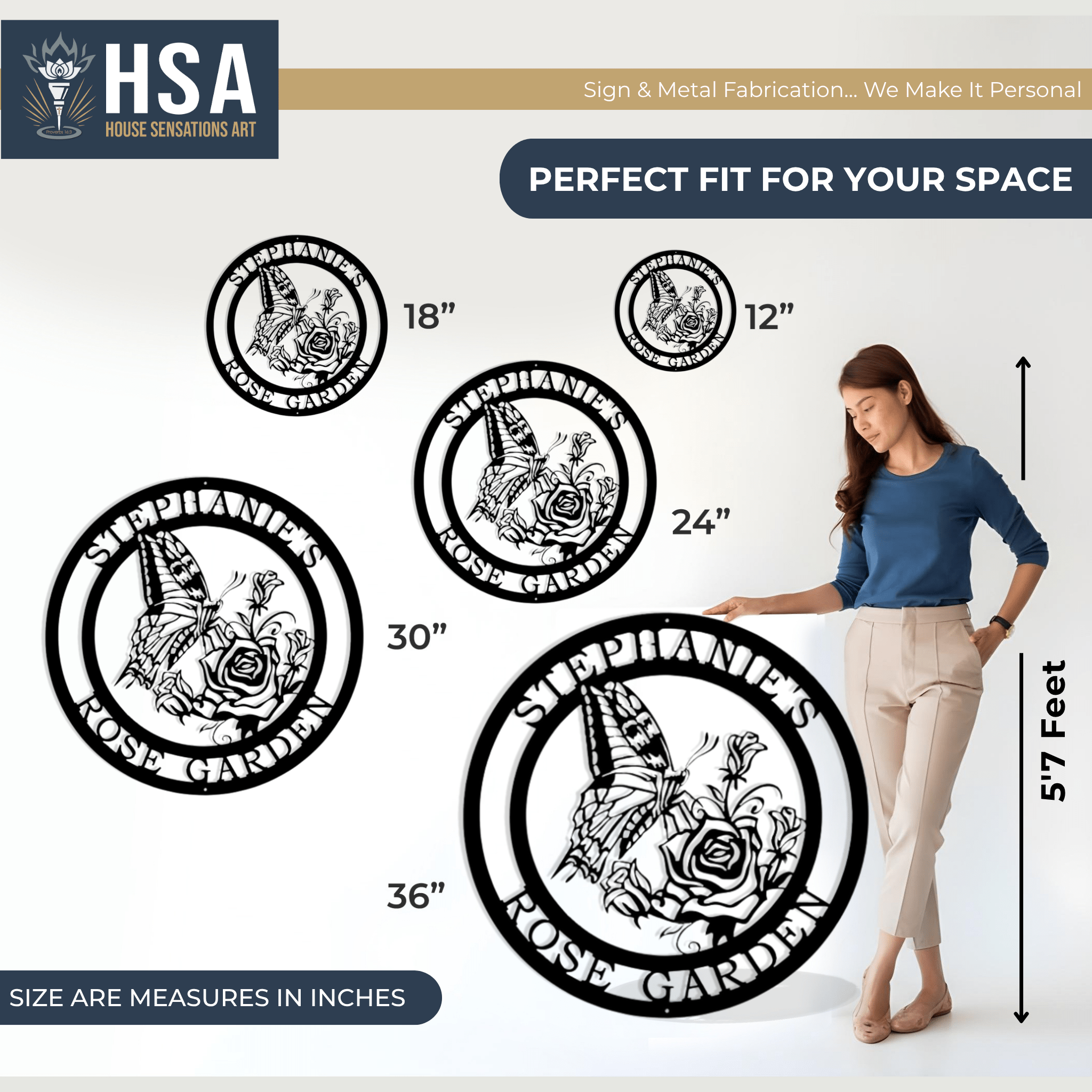 Woman standing beside circular custom metal wall art pieces showing size options with House Sensations Art HSA branding