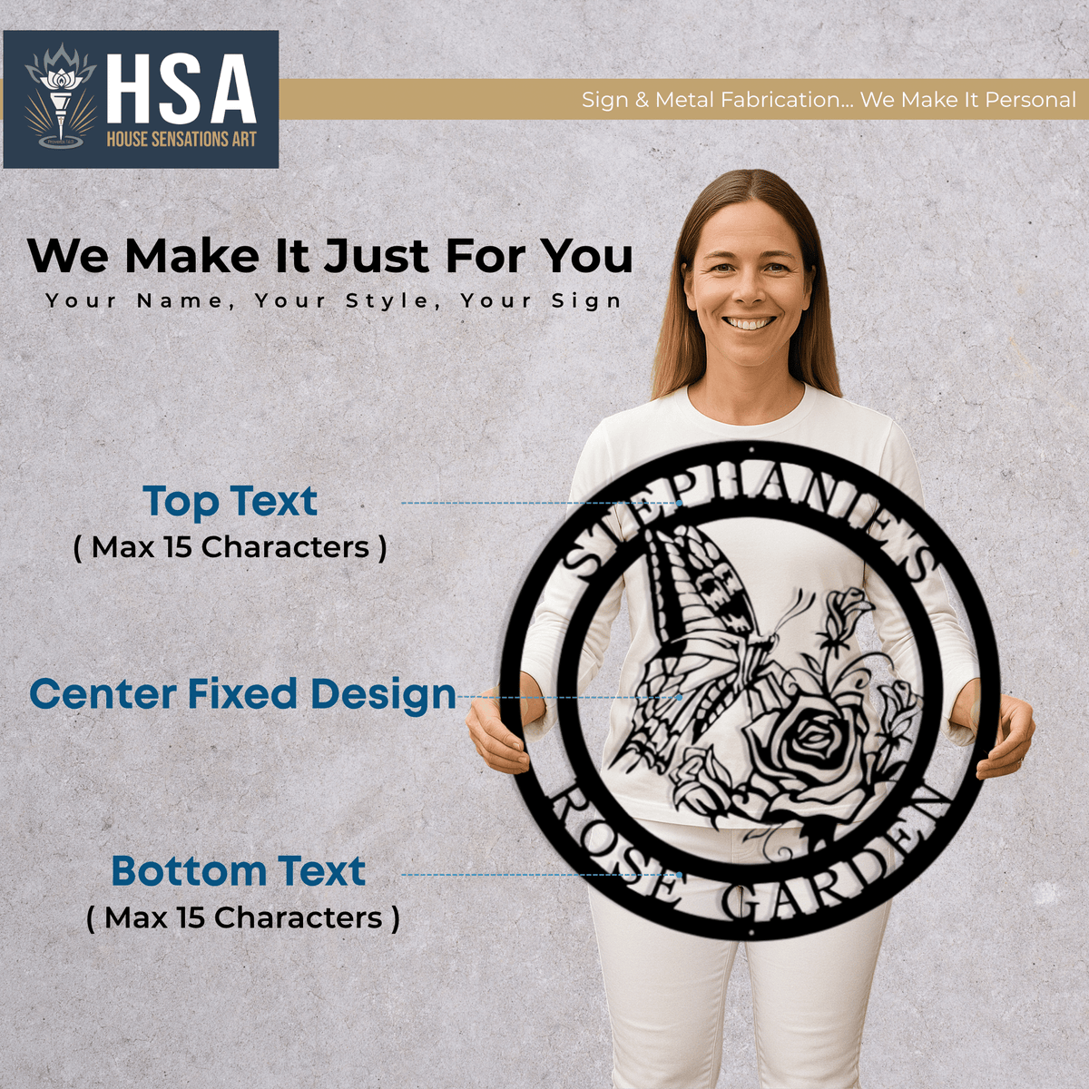Woman holding a customizable metal sign with design and text options, featuring House Sensations Art HSA branding infographic