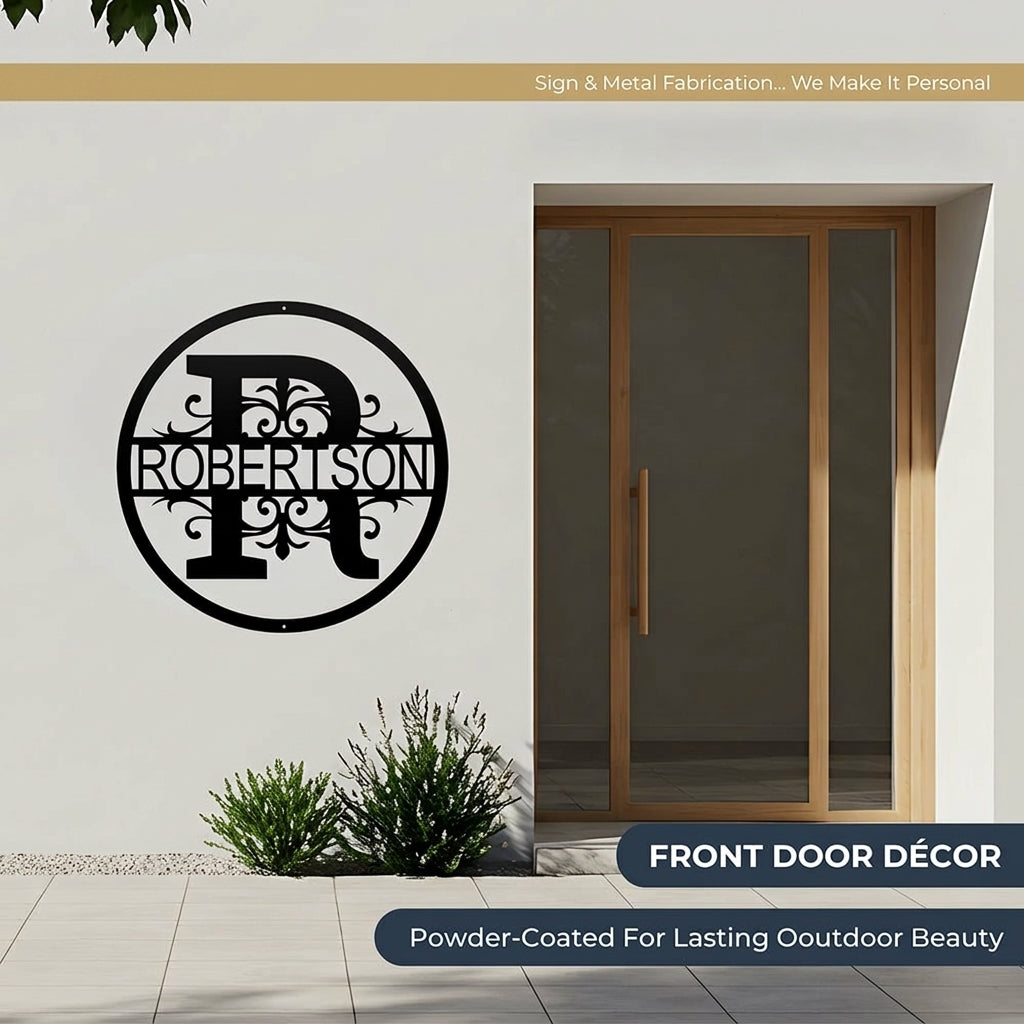Round metal monogram sign with "ROBERTSON," decorative outdoor wall art next to front door, powder coated plaque with HSA branding