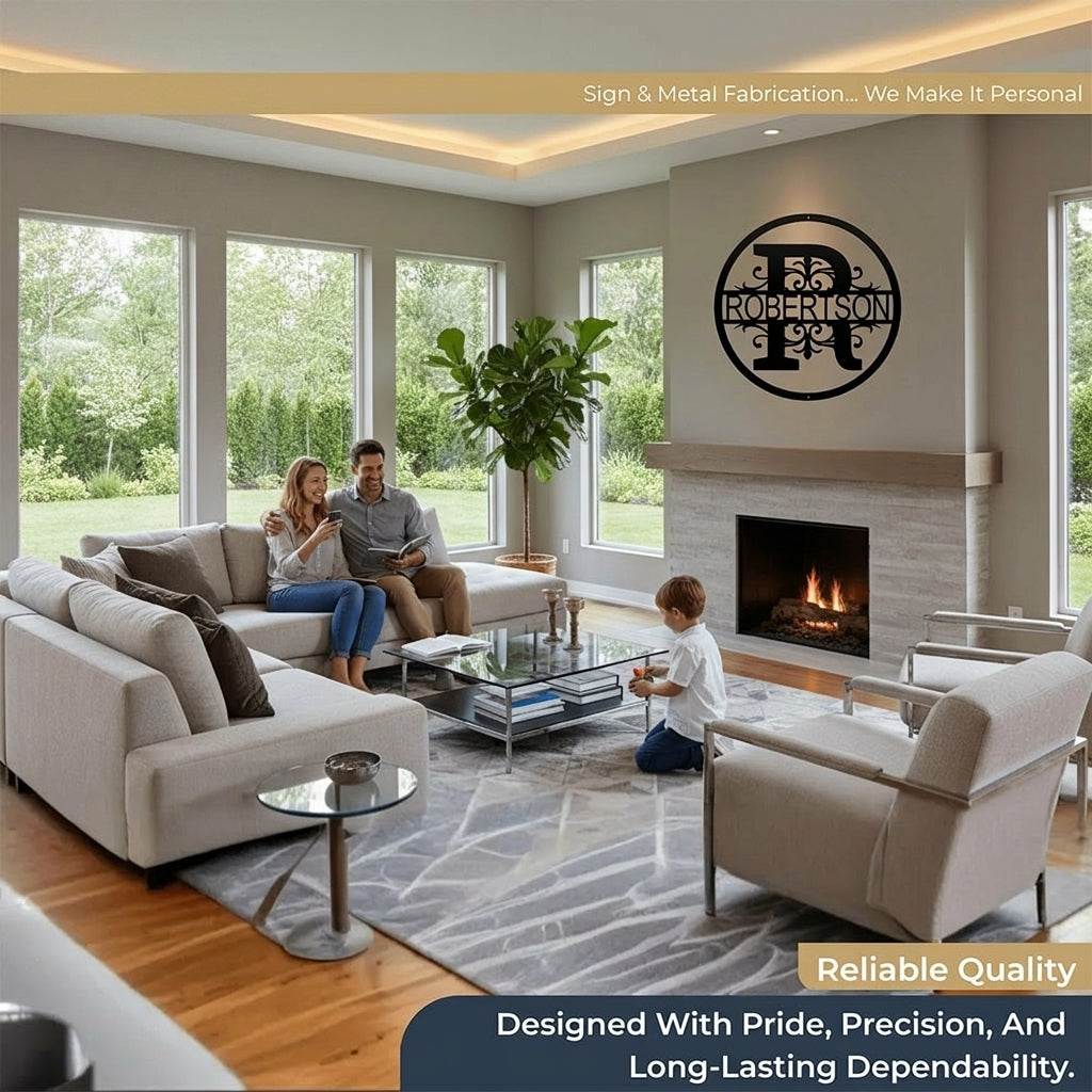 Round metal family name monogram sign, decorative living room wall art above fireplace, powder coated indoor plaque with HSA branding