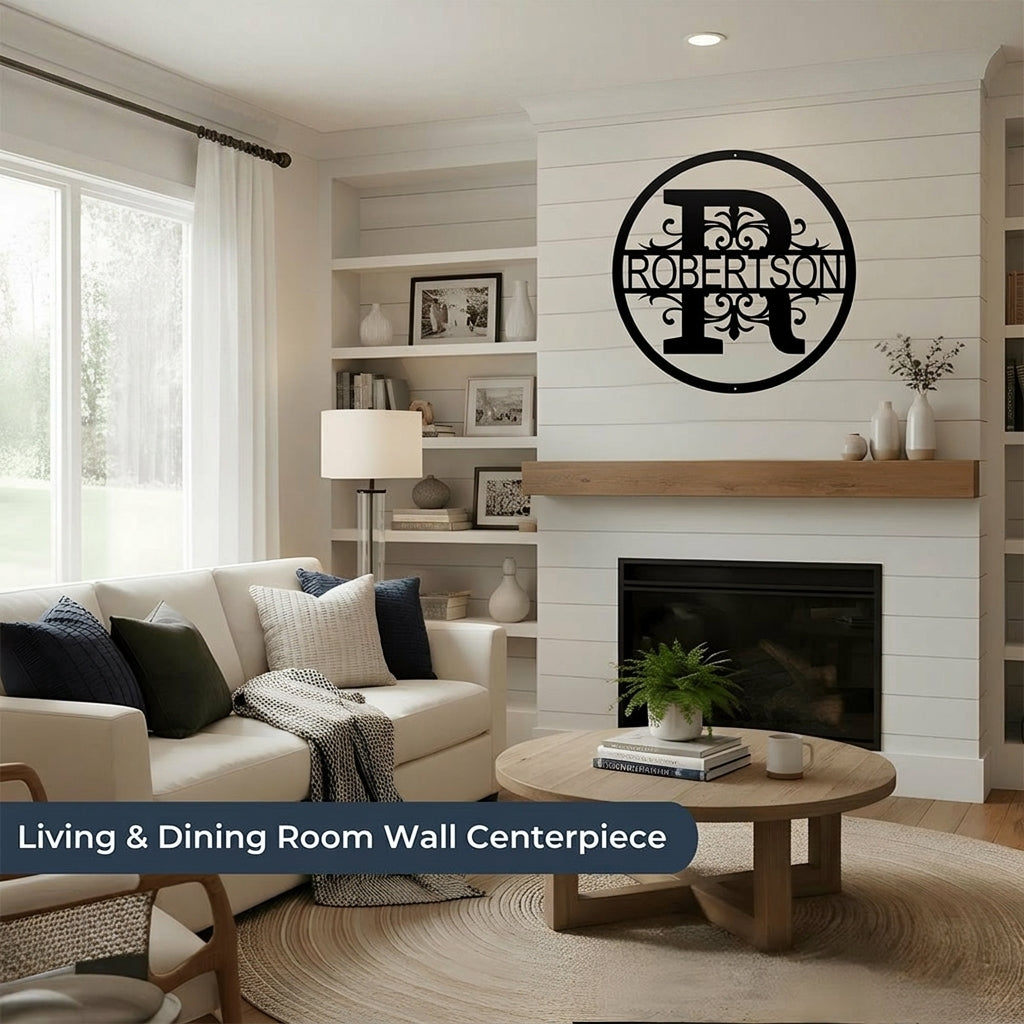 Round metal family name monogram wall sign with "Robertson," decorative living area centerpiece, powder coated indoor wall art