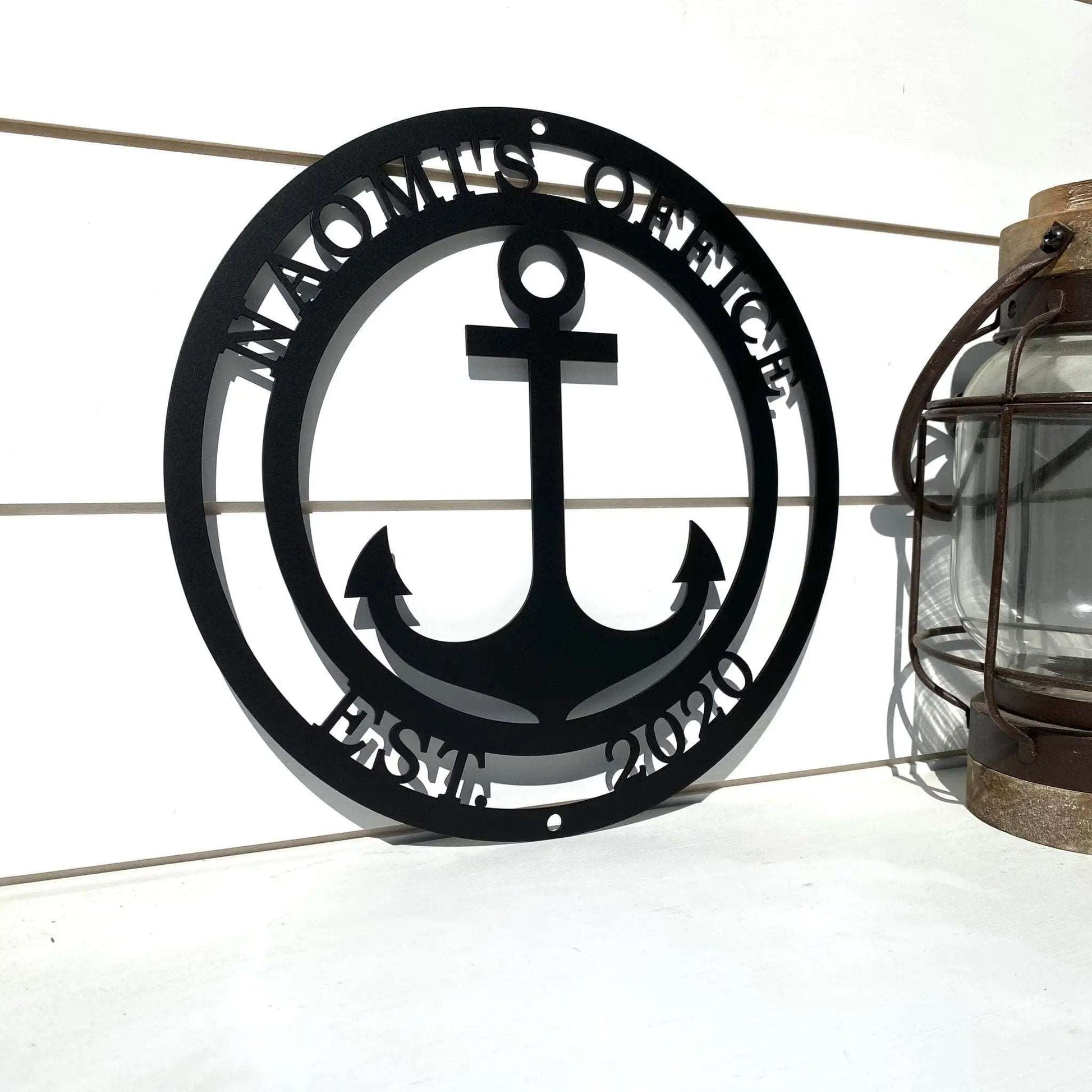 Rustic anchor design with nameplate text, unique office sign for nautical or harbor-style decor