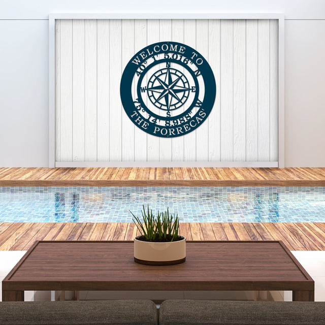 Rustic compass wall art made from custom metal sign design