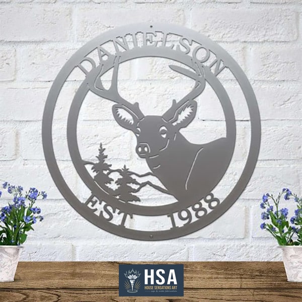 Rustic Deer Wall Decor - Custom Metal Name Plaque - HouseSensationsArt