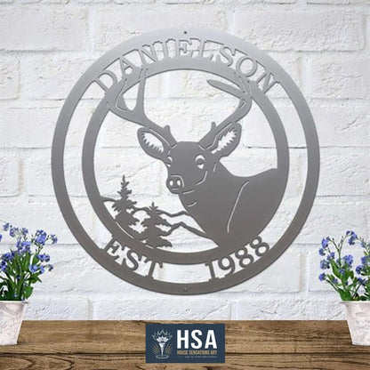 Rustic Deer Wall Decor - Custom Metal Name Plaque - HouseSensationsArt