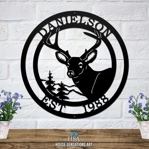 Rustic Deer Wall Decor - Custom Metal Name Plaque - HouseSensationsArt