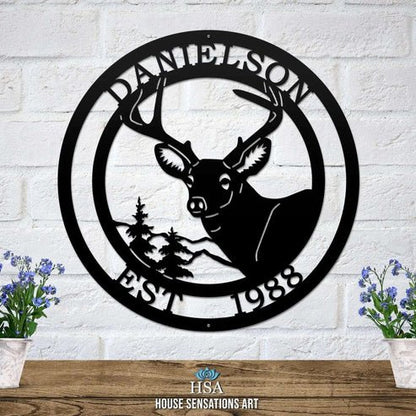 Rustic Deer Wall Decor - Custom Metal Name Plaque - HouseSensationsArt