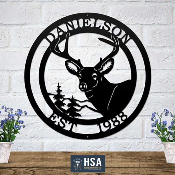 Rustic Deer Wall Decor - Custom Metal Name Plaque - HouseSensationsArt