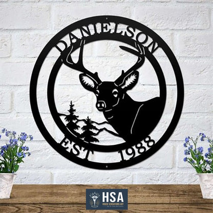 Rustic Deer Wall Decor - Custom Metal Name Plaque - HouseSensationsArt