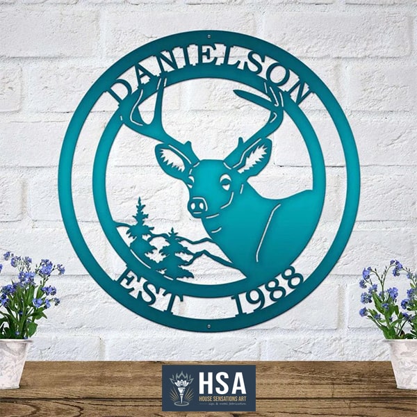 Rustic Deer Wall Decor - Custom Metal Name Plaque - HouseSensationsArt