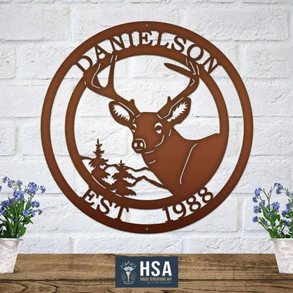 Rustic Deer Wall Decor - Custom Metal Name Plaque - HouseSensationsArt