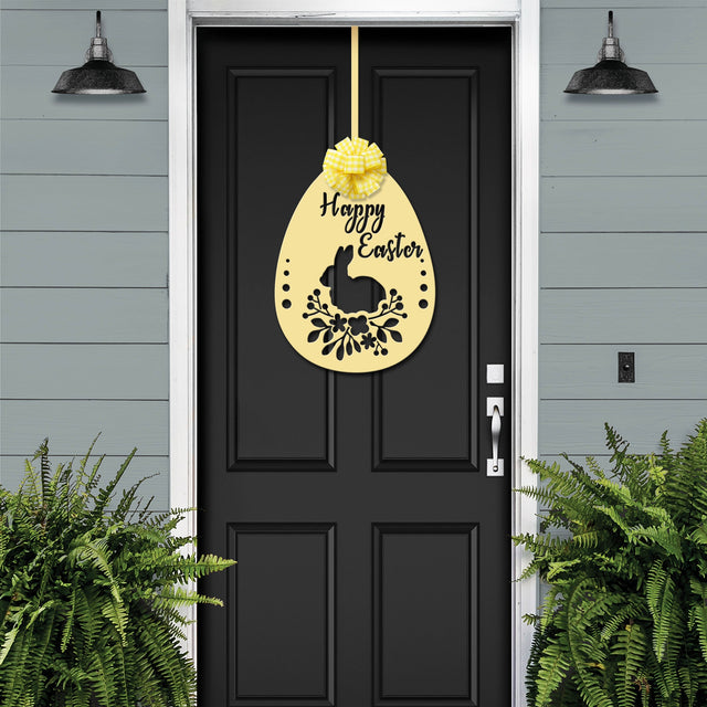 Rustic metal Easter door wreath in egg shape with spring flowers and Happy Easter message, personalized decor