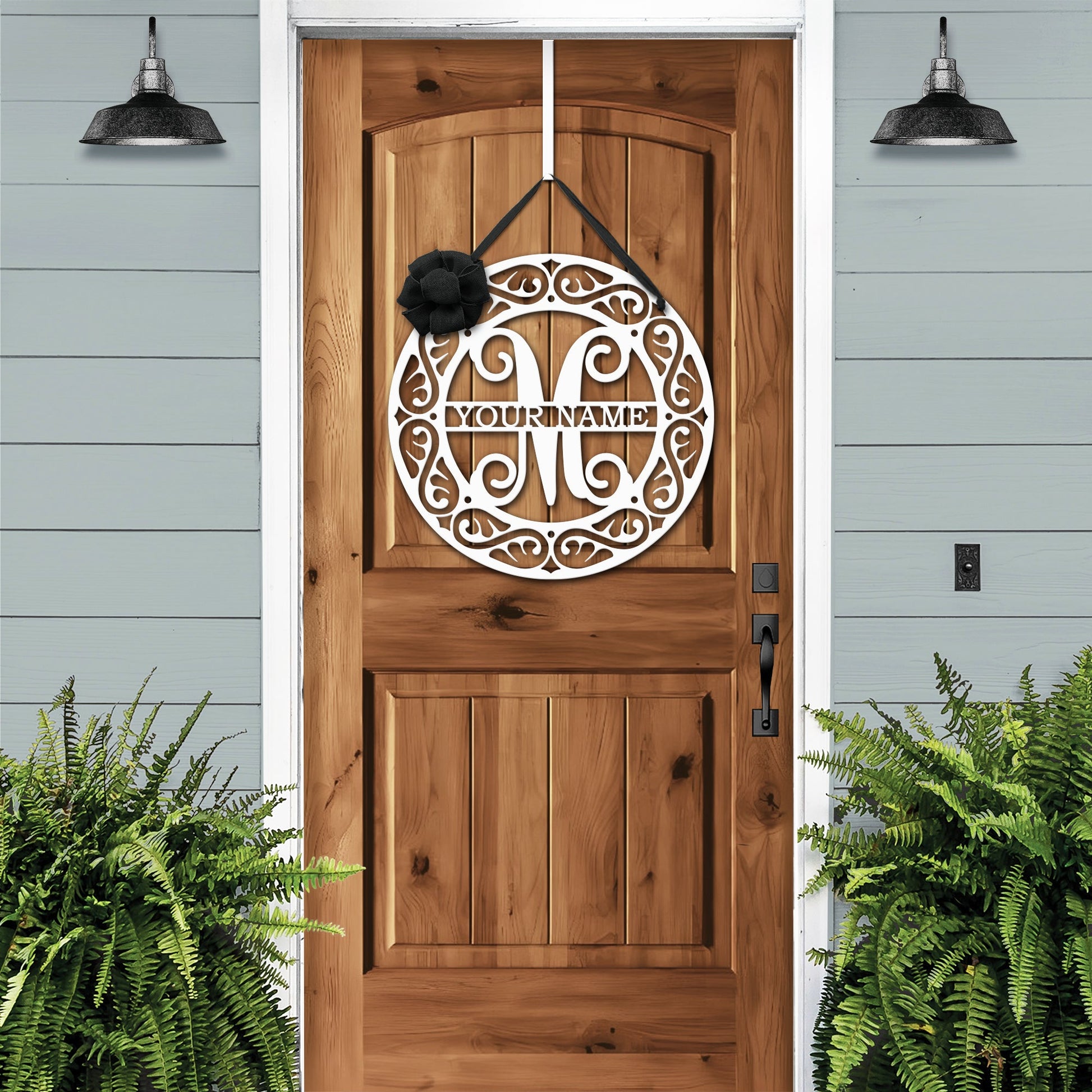 Rustic Mosaic Monogram Door Sign in oil-rubbed bronze – personalized metal wreath for entryway decor.