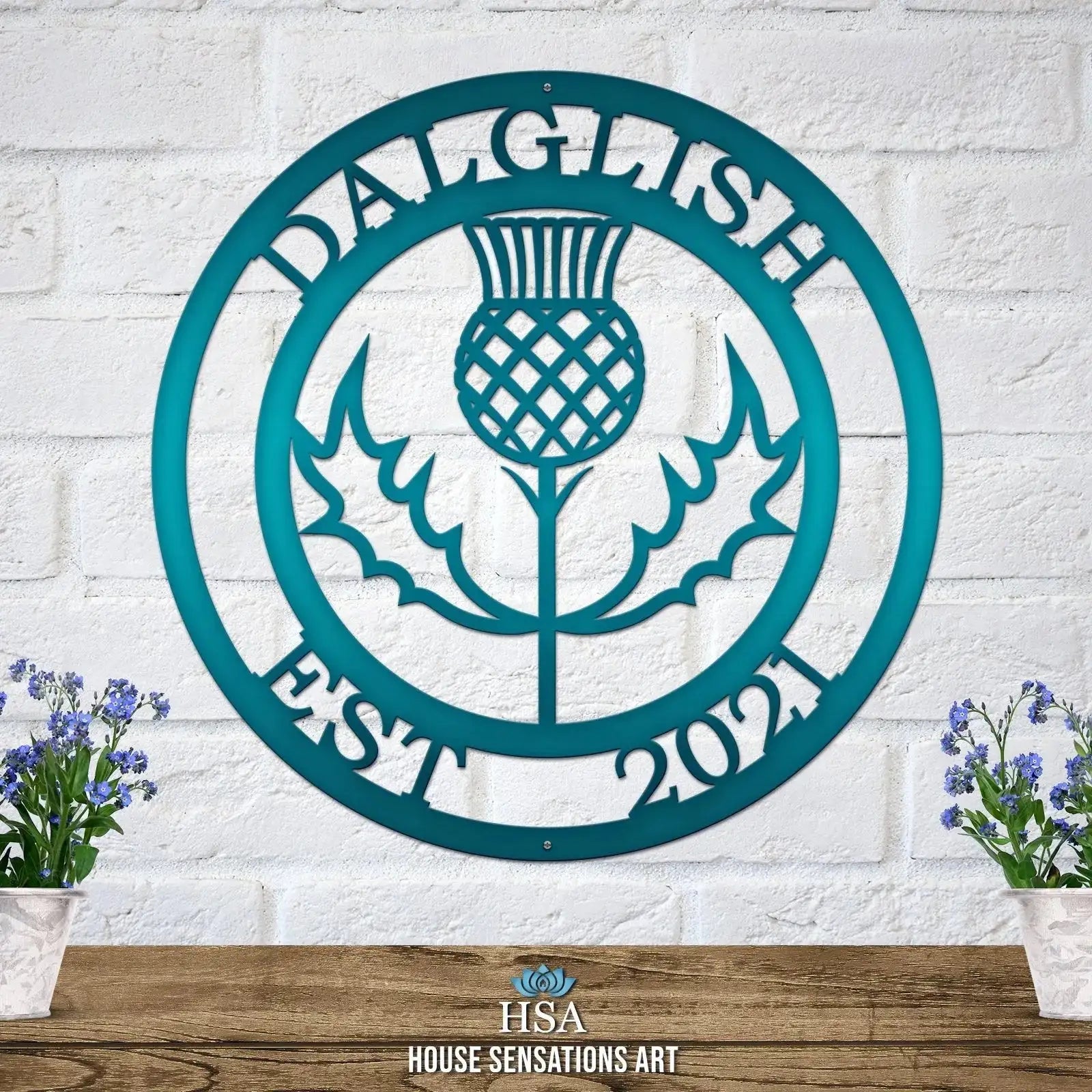 Custom Scottish thistle monogram sign – metal family name wall art for entryway, front door, or living room