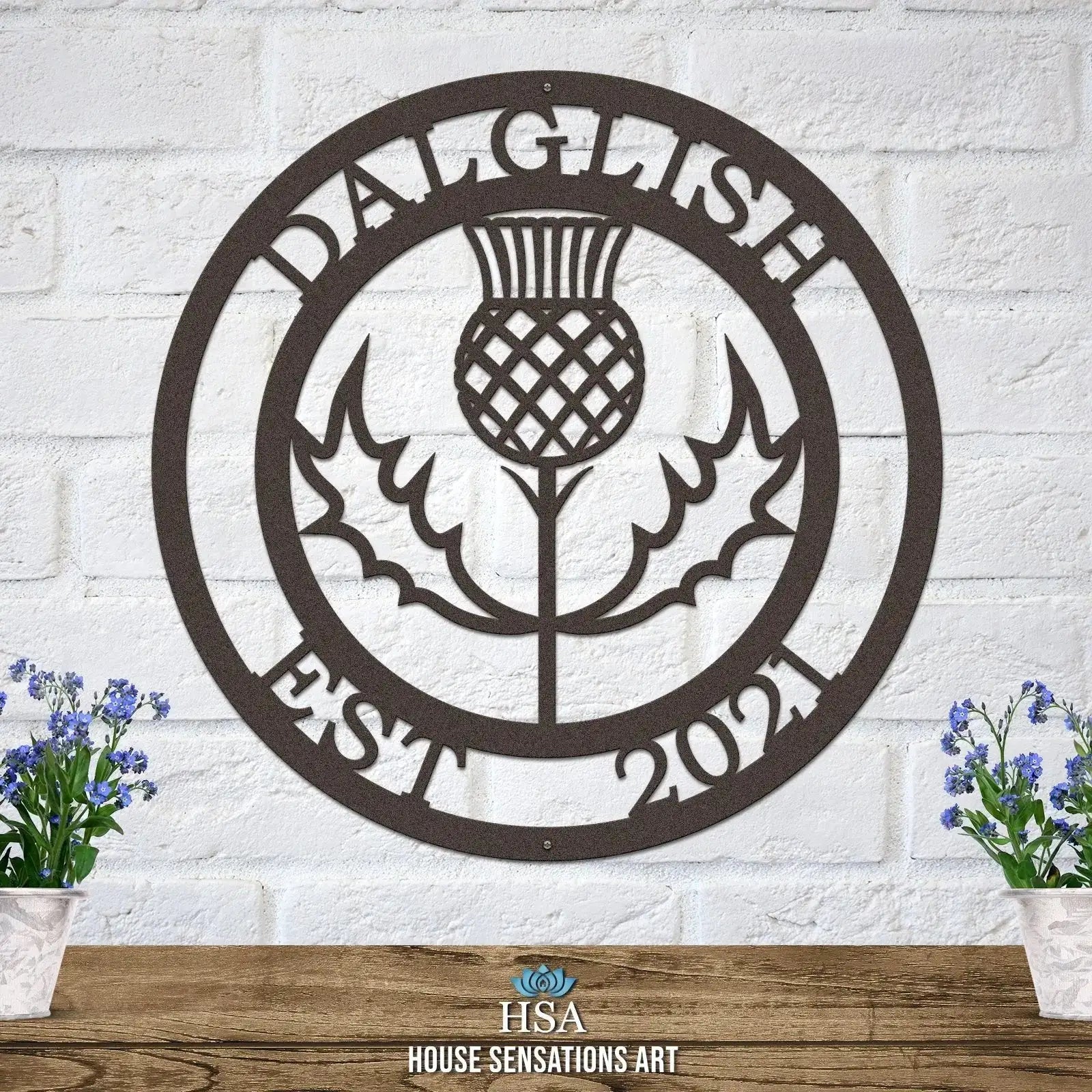 Scottish thistle family name sign – personalized metal monogram wall art for home decor or wedding gift
