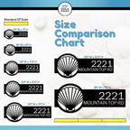 Seashell address sign size comparison chart with HSA branding, white background, shell designs, personalized house number guide, outdoor décor reference
