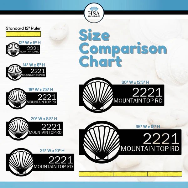 Seashell address sign size comparison chart with HSA branding, white background, shell designs, personalized house number guide, outdoor décor reference