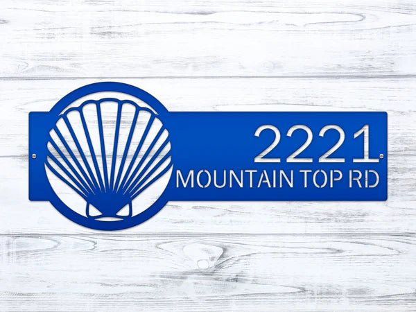 Blue seashell address plaque on white wood background, personalized house number sign, coastal front door décor, outdoor nautical metal sign, custom home signage