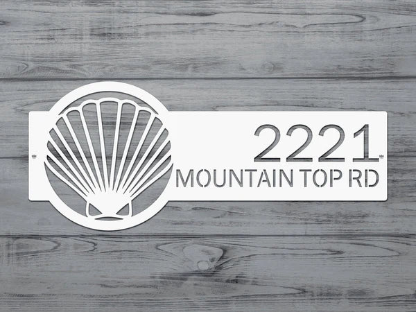 seashell metal address sign on white wood, personalized house numbers, coastal front door décor, outdoor nautical plaque.