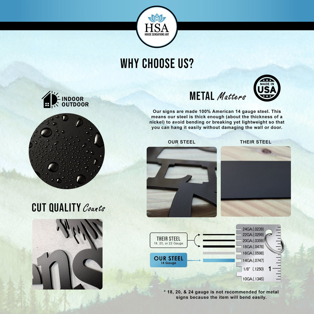HSA steel comparison graphic for seashell address signs, showing metal finishes, product options, and promotional signage display.