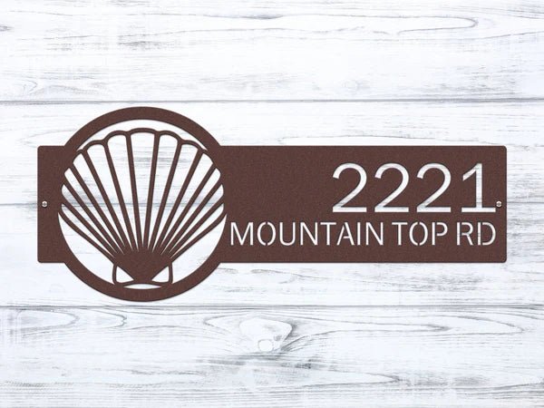 Seashell-themed address plaque on wooden background, personalized house number sign, coastal front door décor, outdoor nautical metal sign, custom home signage