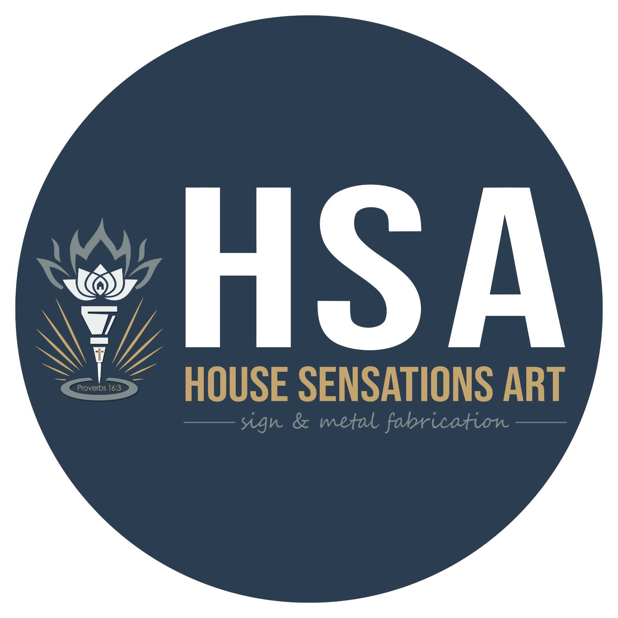 House Sensations Art logo displayed on a dark blue circular background, highlighting bold branding and clean, professional design.