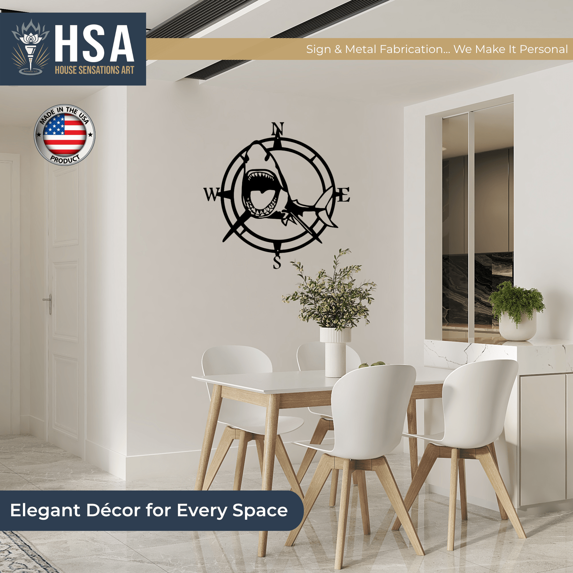 Shark Nautical Compass Wall Art for Coastal Home or Office Decor - HouseSensationsArt