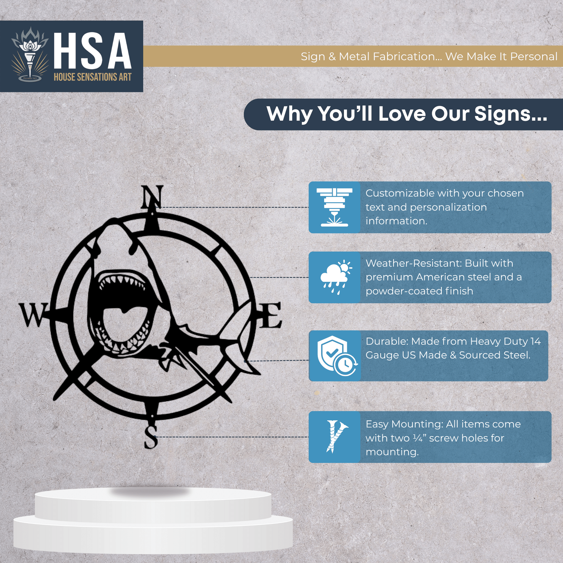 Shark Nautical Compass Wall Art for Coastal Home or Office Decor - HouseSensationsArt