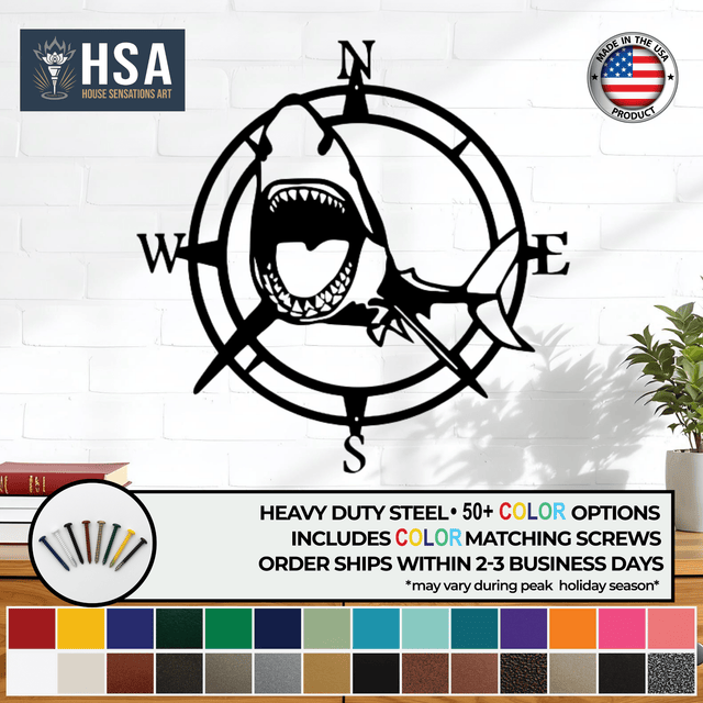 Shark Nautical Compass Wall Art for Coastal Home or Office Decor - HouseSensationsArt
