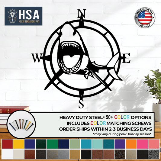 Shark Nautical Compass Wall Art for Coastal Home or Office Decor - HouseSensationsArt