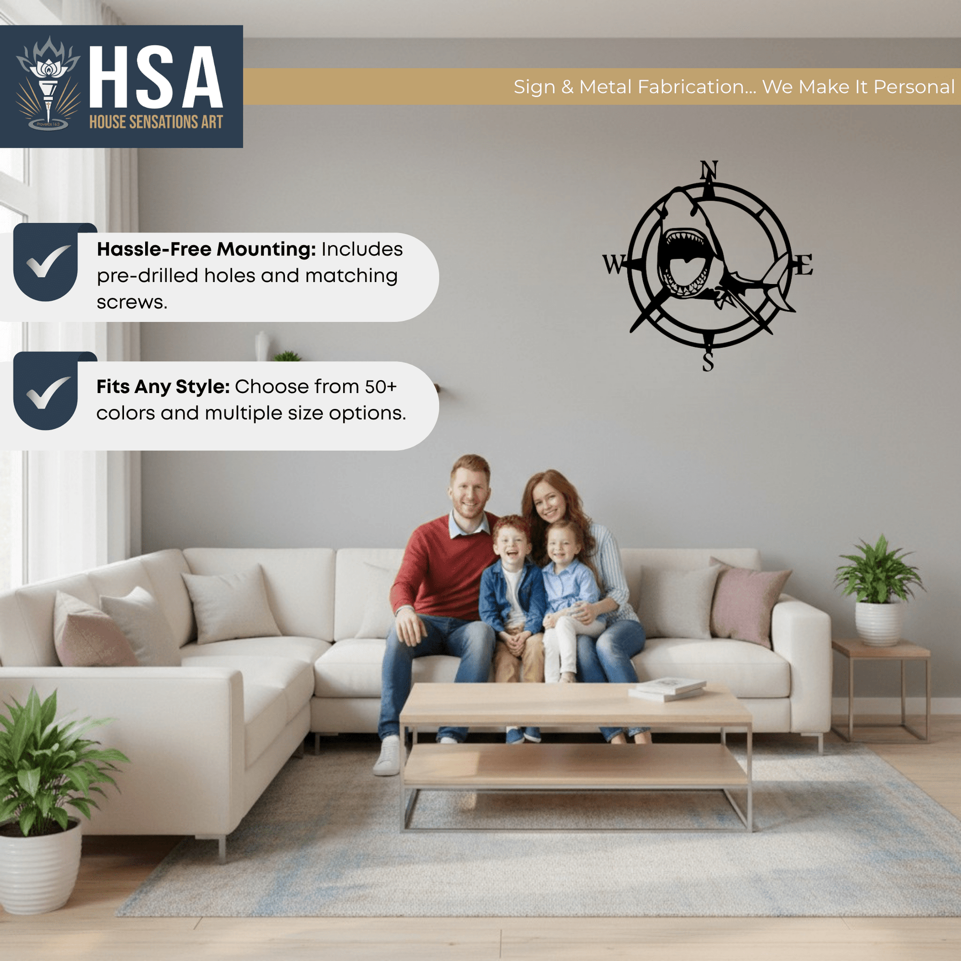 Shark Nautical Compass Wall Art for Coastal Home or Office Decor - HouseSensationsArt