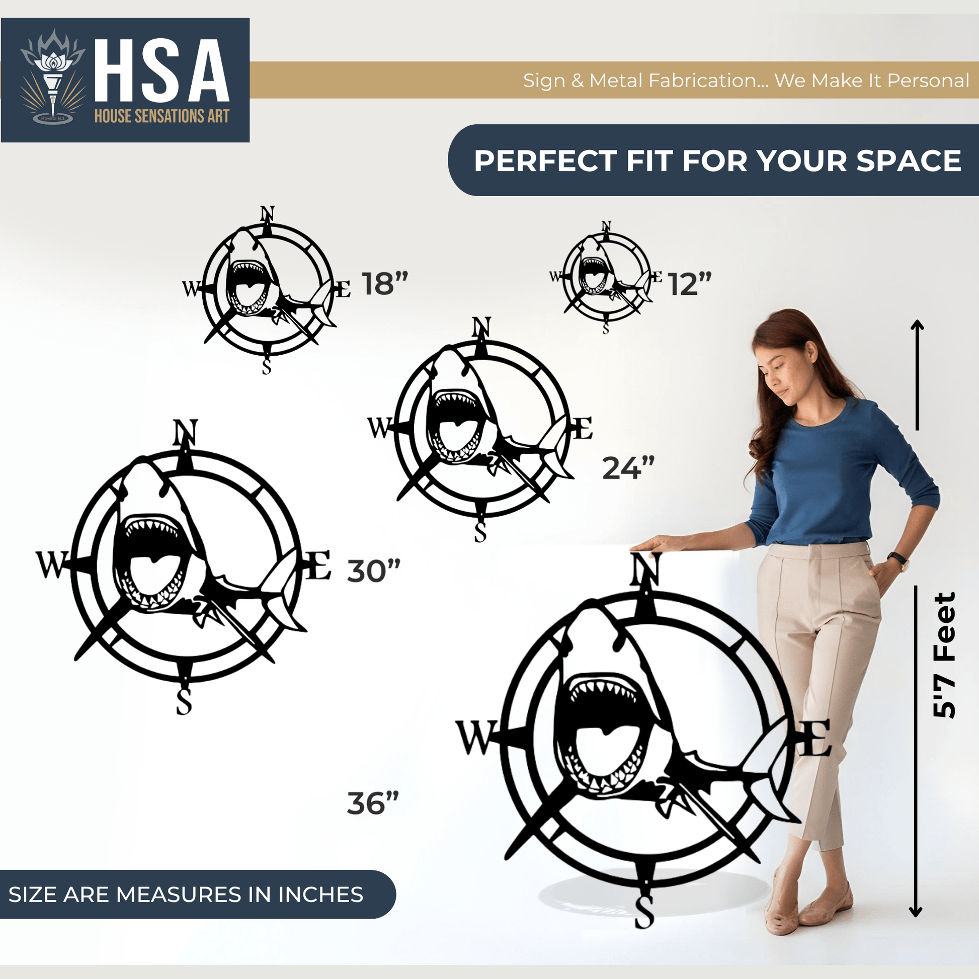 Shark Nautical Compass Wall Art for Coastal Home or Office Decor - HouseSensationsArt