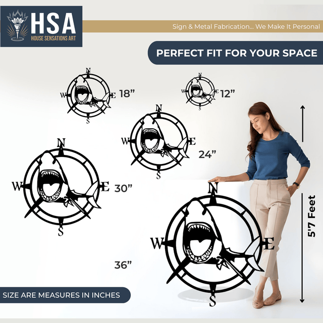 Shark Nautical Compass Wall Art for Coastal Home or Office Decor - HouseSensationsArt