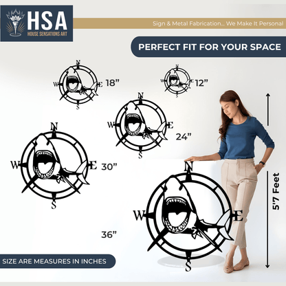 Shark Nautical Compass Wall Art for Coastal Home or Office Decor - HouseSensationsArt