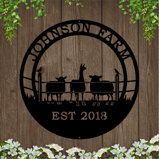 Alpaca and Sheep Ranch Custom Metal Sign featuring silhouettes of a chicken and black sheep on a fence, crafted from durable metal for indoor or outdoor display.