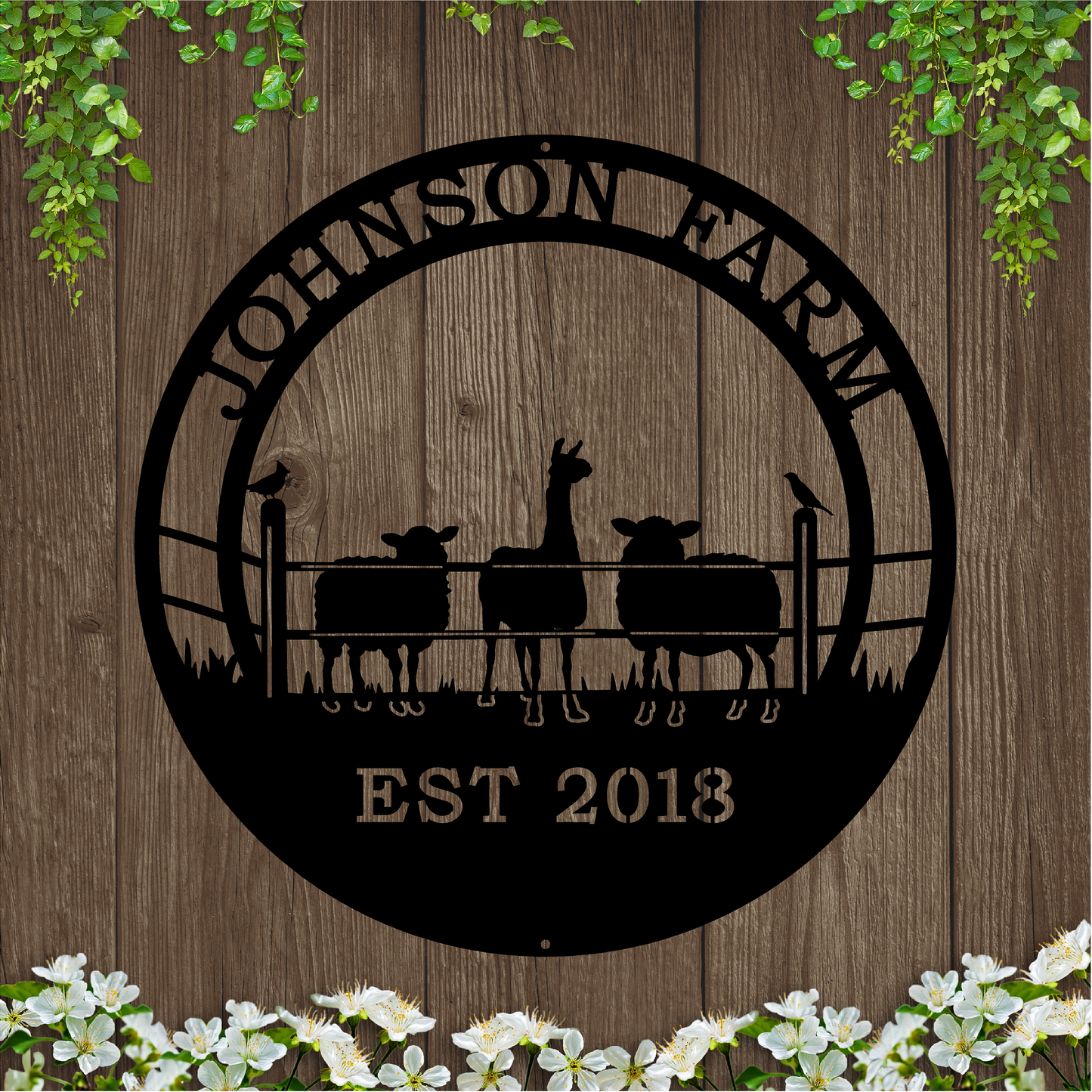 Alpaca and Sheep Ranch Custom Metal Sign featuring silhouettes of a llama, sheep, and bird, expertly crafted from durable steel for indoor or outdoor use, perfect for enhancing home or farm decor.