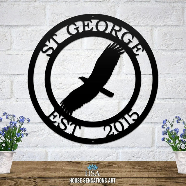 Personalized metal sign featuring a soaring eagle silhouette custom wall art for cabin or lodge decor