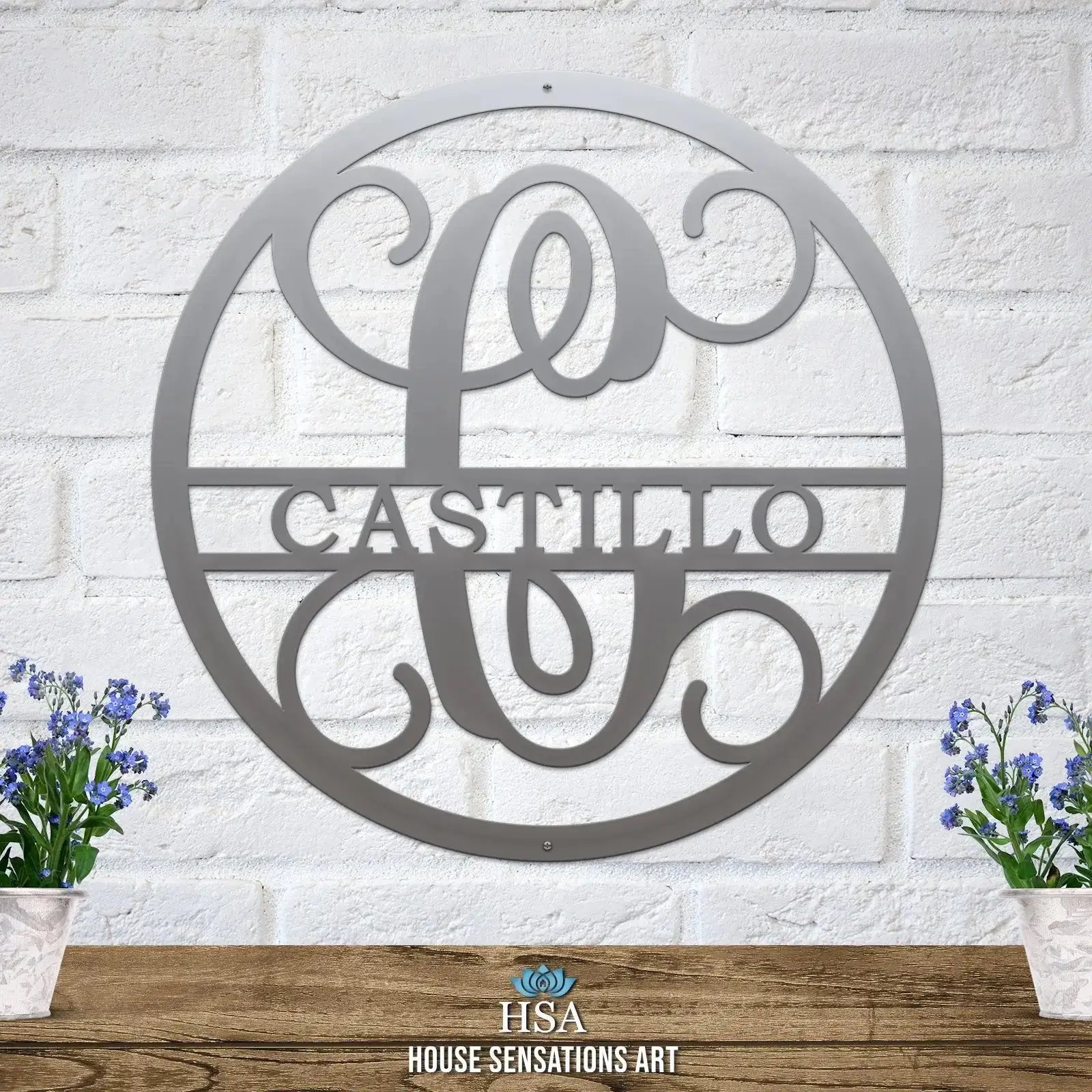 Split monogram last name sign – custom laser cut metal wall art for personalized gate signs and home decor