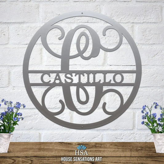 Split monogram last name sign – custom laser cut metal wall art for personalized gate signs and home decor