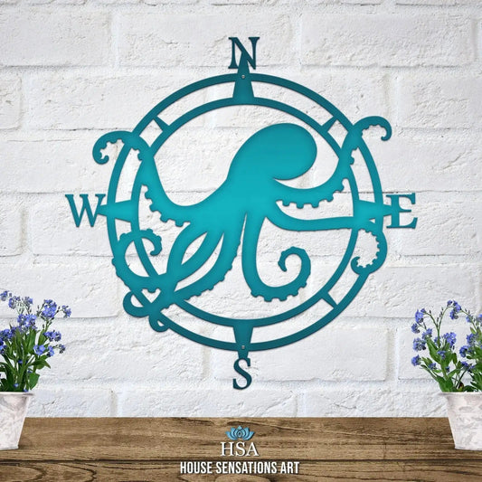 Candy teal compass-style circular sign with central octopus design, tentacles pointing west and east; coastal front door decor.