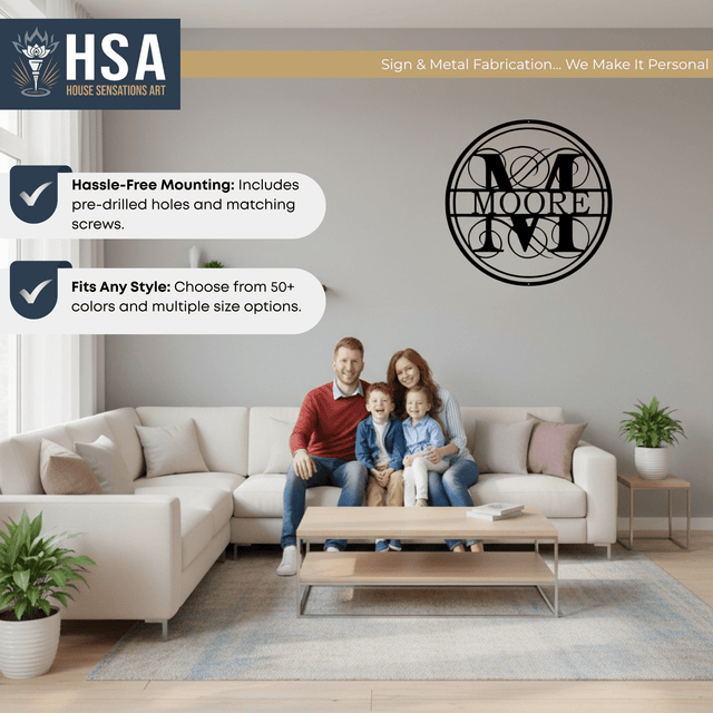 Swirly Monogram Metal Wall Decor Sign, Personalized Porch Sign, Custom Family Name Sign, Metal Monogram Decor - TTS - HouseSensationsArt