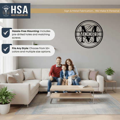 Swirly Monogram Metal Wall Decor Sign, Personalized Porch Sign, Custom Family Name Sign, Metal Monogram Decor - TTS - HouseSensationsArt