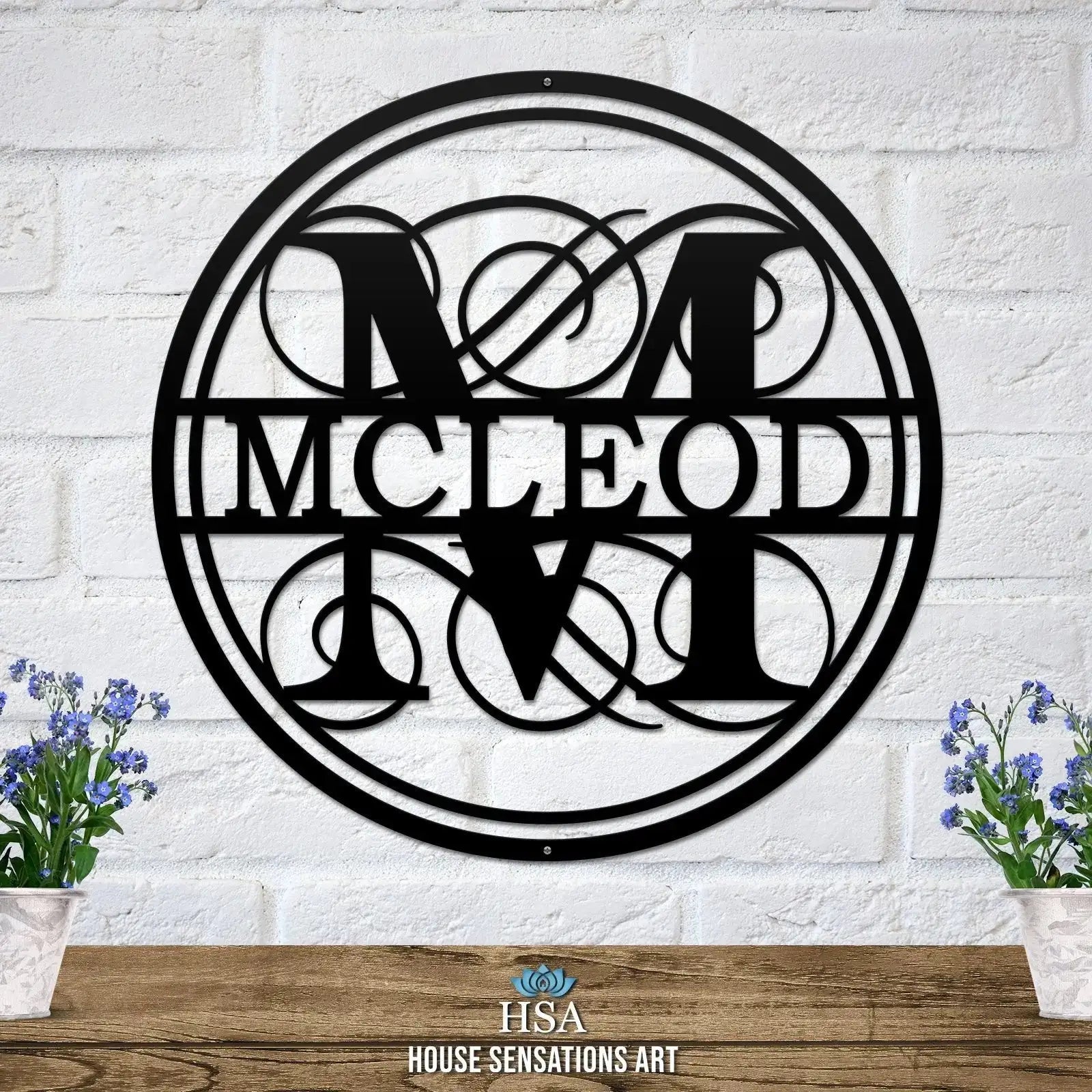 Swirly monogram name sign – personalized metal family wall decor for living room, entryway, or anniversary gift