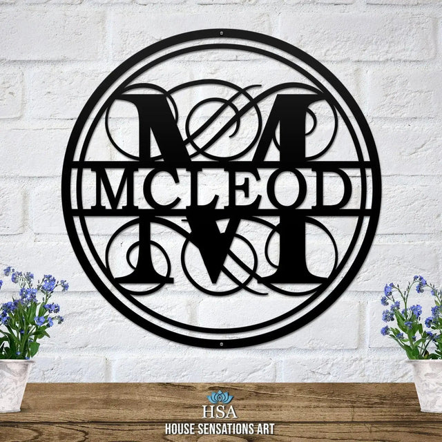 Swirly monogram name sign – personalized metal family wall decor for living room, entryway, or anniversary gift