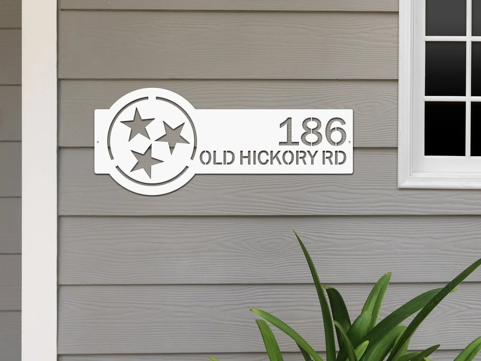 White Tennessee Tristar Address Sign featuring a Tristar emblem on the right and house number '186 Old Hickory Rd' on the left, mounted on the wall.